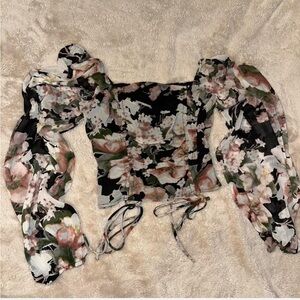 Lulu's Black Floral Chiffon Blouse